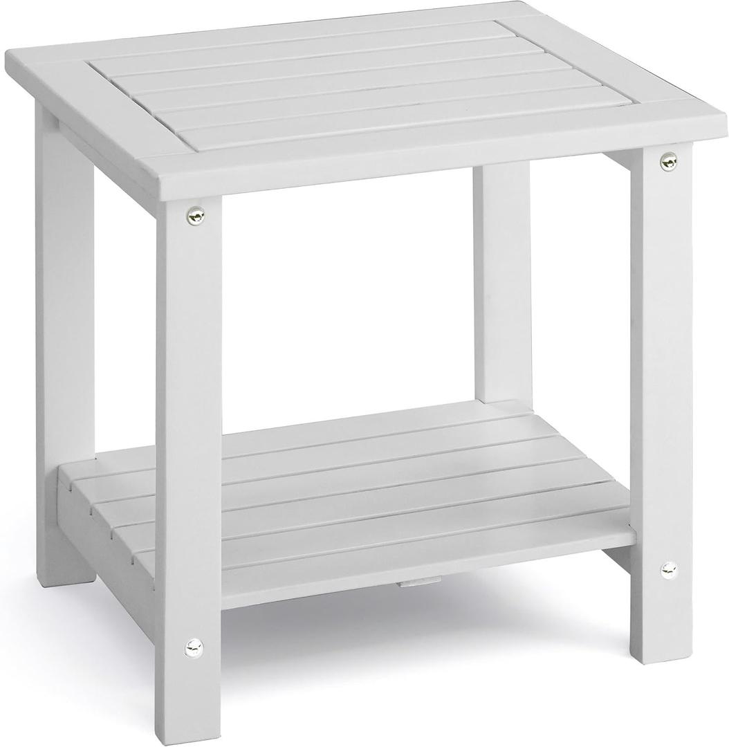 2-Tier Adirondack Outdoor Side Table, 16.6" Acacia Weather-Resistant End Table with Shelf for Patio, Garden, Lawn, Living Room (White) 2-Tier Adirondack Outdoor Side Table, 16.6" Acacia Weather-Resistant End Table with Shelf for Patio, Garden, Lawn, Living Room (White)