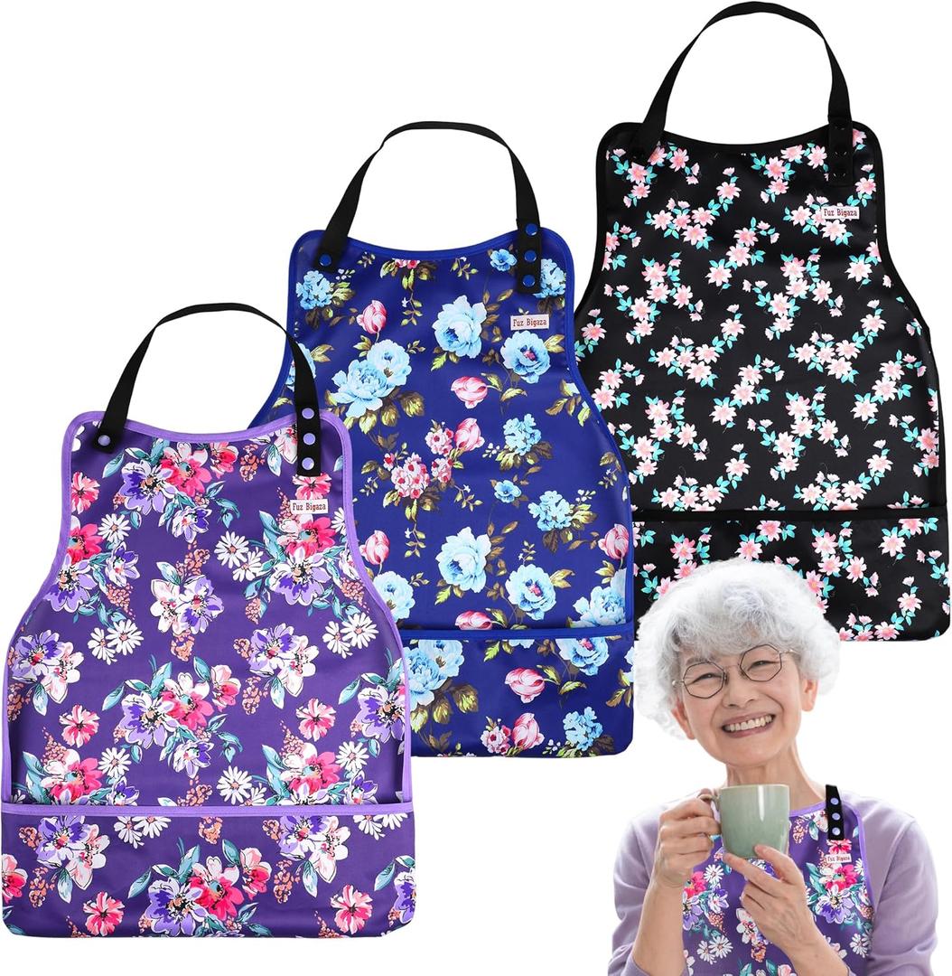 3 Pack Adult Bibs Washable Clothing Protector with Crumb Catcher, Adjustable Reusable Waterproof Large Feeding Adult Bib (Blue Rose)