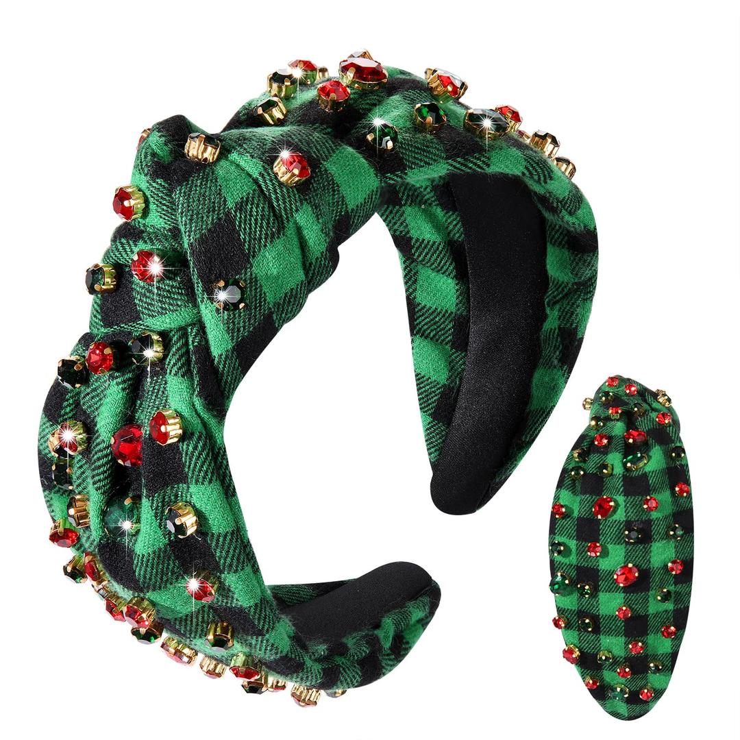 Christmas Holiday Headband Xmas Hair Accessories Green Plaid Knotted Head Band for Women Embellished Crystal Top Knot Head Band Christmas Costume Party Favor (Green Plaid)