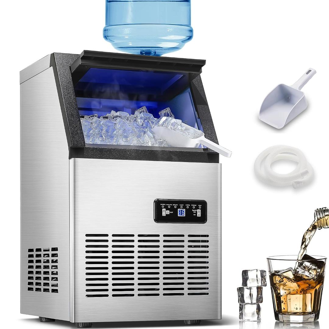 120LBS/24H Commercial Ice Maker Machine, Freestanding Stainless Steel with Adjustable Ice Thickness & LCD Control,40 Cubes/Cycle,Self-Cleaning,Quiet Operation for Home,Restaurant,Bar