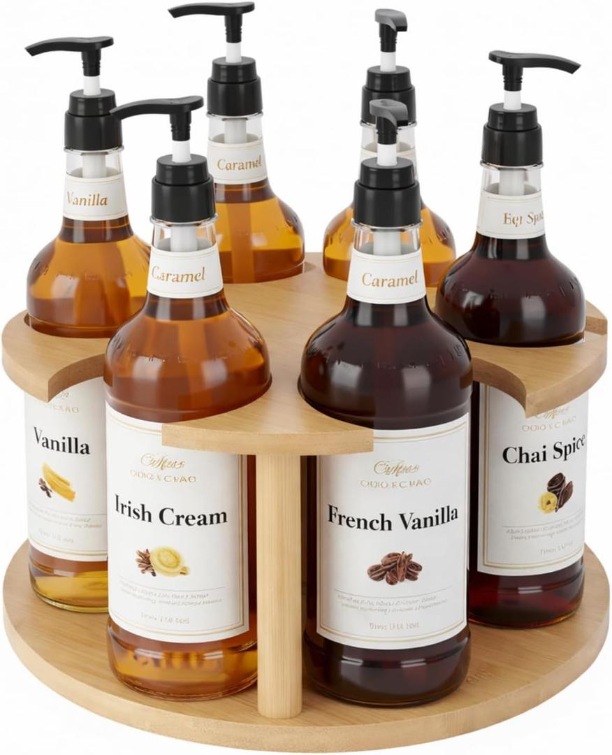Rotating Coffee Syrup Organizer, 6 Bottles Wood Syrup Holder, Syrups Bottle Organizer Stand for Countertop, Rotating Base Storage Rack with Anti-Slip Pads, Coffee Station Bar Accessories