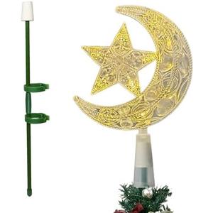 11 inch Tree Topper Holder Christmas Tree Decoration with 8 Inch Christmas Tree Moon Star Topper Lighted with Warm LED Lights for Xmas Ornament Xmas Tree Topper Light Plant Top for Christmas Holiday