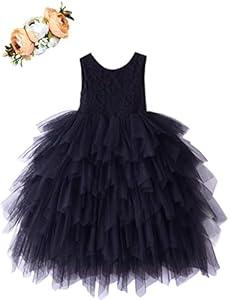 Cilucu Baby Girls Tutu Dress Kids Floor Length Sleeveless Dresses Flower Girls First Birthday Party Outfits Dress for Beach Wedding Summer Boho V-Back A-Lined Black Size 6-12 Months