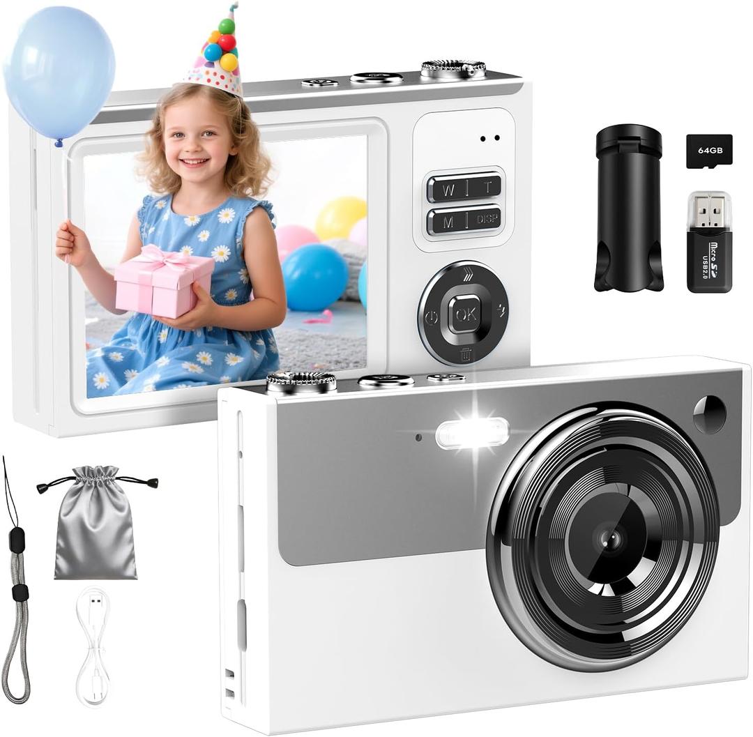 Digital Camera, 64MP 4K Camera for Kids with 2.8" IPS Screen, 64GB SD Card and 16X Digital Zoom Anti Shake, Point and Shoot Compact Camera, Compact Portable Small Gift for Boys Girls Students (White)