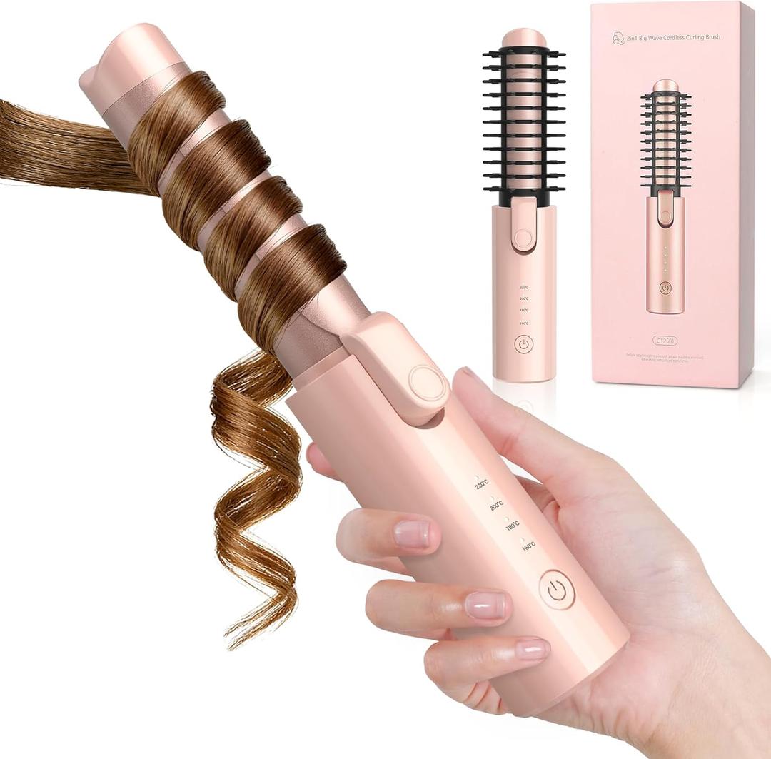 Cordless Curling Iron Rechargeable, 3-in-1 Portable Hair Curler Straightener Brush, 7000mAh with 4 Temps, Anti-Scald & Anti-Frizz Mini Curling Wand for Travel Styling (Pink)