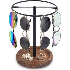 Sunglasses Organizer Glasses Holder Stand Metal Rack with Wood Tray for Eyeglasses Earrings Ring Jewelry Storage Display, Up to 12 Pairs of Eyewear for Dresser Table Desk Countertop Bedroom (Black)