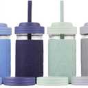 Elk and Friends Kids + Toddler Glass Cups | The Original 12oz Glass Mason Jar with Sleeves + Lids | Silicone Straws + Stopper | Smoothie Cup | Food Storage | Spill Resistant | Dishwasher Safe | 4 Pack, Color: Sage/Navy/MistyBlue/Gray