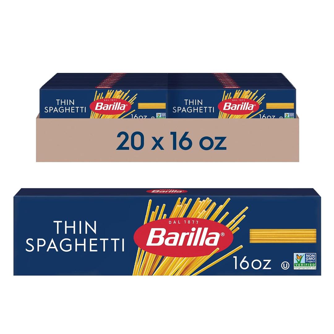 Barilla Thin Spaghetti Pasta, 16 oz. Box (Pack of 20) - Non-GMO, Made with Durum Wheat Semolina - Kosher Certified, BBD 07/01/2028