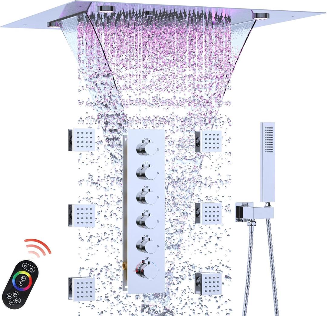 Enga 20 Inch Rain Shower System, LED Atomizing Rainfall Waterfall Large Horizontal Square Ceiling Shower Head with Remote Control Thermostatic Shower Faucet Set Flow Can Be Controlled, Chrome