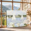 Vintage Floral Blue Coastal Canvas Wall Art Sailboat & Hydrangea Pictures Wall Decor Coastal Grandaughter Nautical Posters Grandmillenial Preppy Beachy Painting Print Artwork for Beach House Bedroom, 16"L X12"W