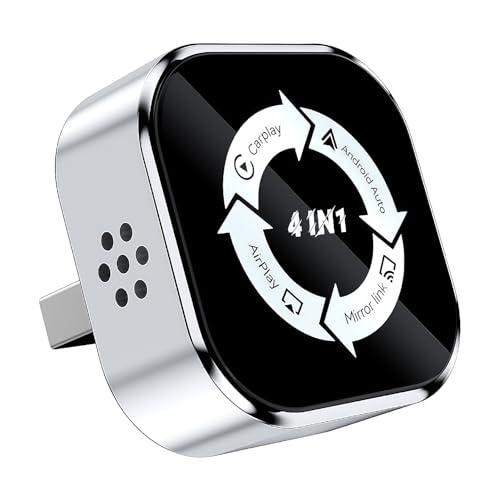 4-in-1 Screen Mirroring Wireless CarPlay Adapter,2026 Upgraded for Wireless Apple CarPlay/Android auto/AirPlay/MirrorLink Adapter,Mini USB Design with Type-C Extension,Fast Auto-Connect,Plug & Play