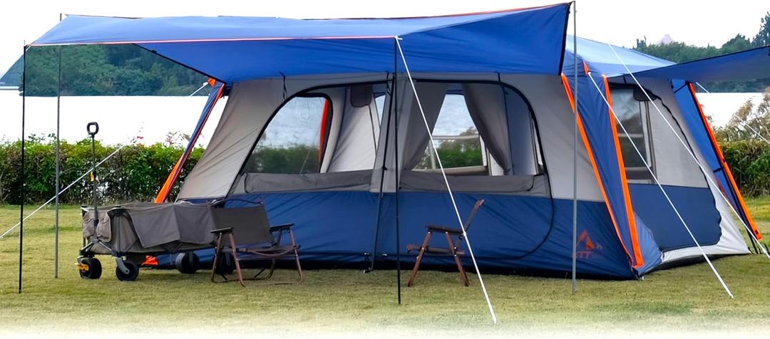 KTT Extra Large Tent 10-12-14 Person(B),Family Cabin Tents,2 Rooms,3 Doors and 3 Windows with Mesh,Straight Wall,Waterproof,Double Layer,Big Tent for Outdoor,Picnic,Camping,Family Gathering