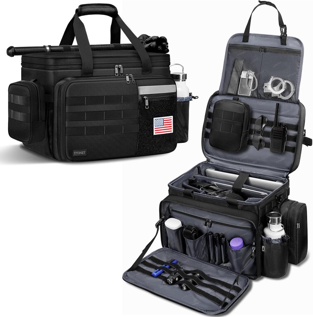 Patrol Bag Law Enforcement, Extra Large Police Gear Bag for Car Front Seat Organizer with a MOLLE Pouch & 15.6In Laptop Layer, Multiple Compartments Police Duty Bags Fit Passenger Seat, Pure Black