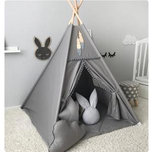 Kids Teepee Tent with White Pom Pom - Indoor Play Teepee for Children Boys Portable Play House (Grey)