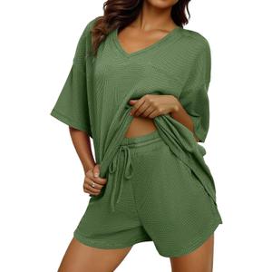 Dokotoo Women's 2 Piece Loungewear Sets Casual Short Sleeve Womens Tops Drawstring Shorts Pants Waffle Knit Sets (Medium, Fern Green)