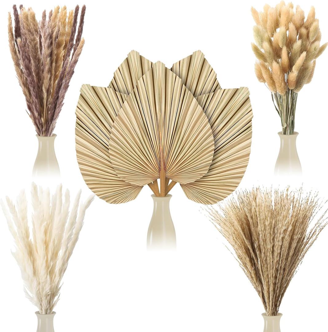 105 Pcs Boho Dried Pampas Grass Decor Bulk, Large Dried Palm Spears Bunny Tails Pampas Reed Grass Dried Palm Leaves Dried Flower Bouquet Boho Centerpieces for Wedding Home Tables Decor