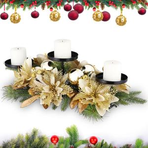 Christmas Table Centerpieces Decoration with 3 Candles Holders Gold Poinsettia Berries Pinecones Artificial Leaf Spray Christmas Balls Ornaments for Xmas Kitchen Tables Mantle Decorations