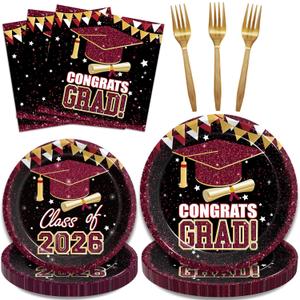 Kepeel 96 Pcs Graduation Party Paper Plates Napkins, Maroon Gold Class of 2026 Congrats Grad Party Decorations Supplies Disposable Dinnerware Tableware Set for College High School, Serves 24