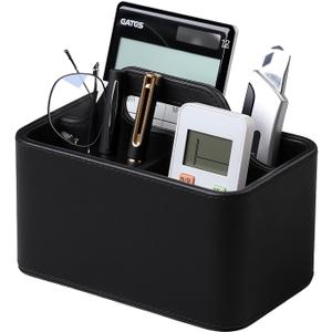 Caddy Organizer with Handle, PU Leather Remote Control Holder Desk Caddy, Portable Makeup Remote Organizer for Table, Nightstand, Office (Black)