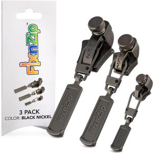 FixNZip Small, Medium, and Large Black Nickel Zipper Repair Kit Bundle | Universal No-Sew Slider Replacement for All Apparel Needs | Instant and Reusable Zipper Repair Tool | Sizes 1-10