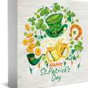 Happy St. Patricks Day Wooden Box Sign, Lucky Clover Green Top Hat, Beer Mug, Horseshoe, Green Home Office Irish Themed Party Decor, Home Desk Office Decor 5 x 5 Inches