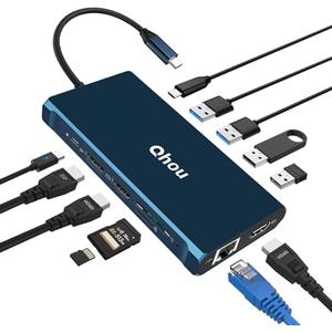 Docking Station, Triple Display Docking Station, 12 in 1 USB C HUB with 2 * 4K HDMI, 1 VGA, 100W PD, 4*USB 3.0, Gigabit Ethernet, SD/TF, Audio, Compatible with Tablets, Laptopss
