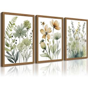 Sage Green Botanical Wall Art Boho Floral Wall Decor Minimalist Plant Canvas Pictures Flower Botanical Prints Watercolor Wildflower Poster Painting for Bathroom Bedroom 16x24x3 Inch Wood Frame