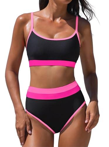 popvil Neon Two Piece Swimsuit for Women 2026 High Waisted Bikini Sets Sporty Ribbed Full Coverage Cheeky Color Block Bathing Suit Ladies Summer (Black, Small)