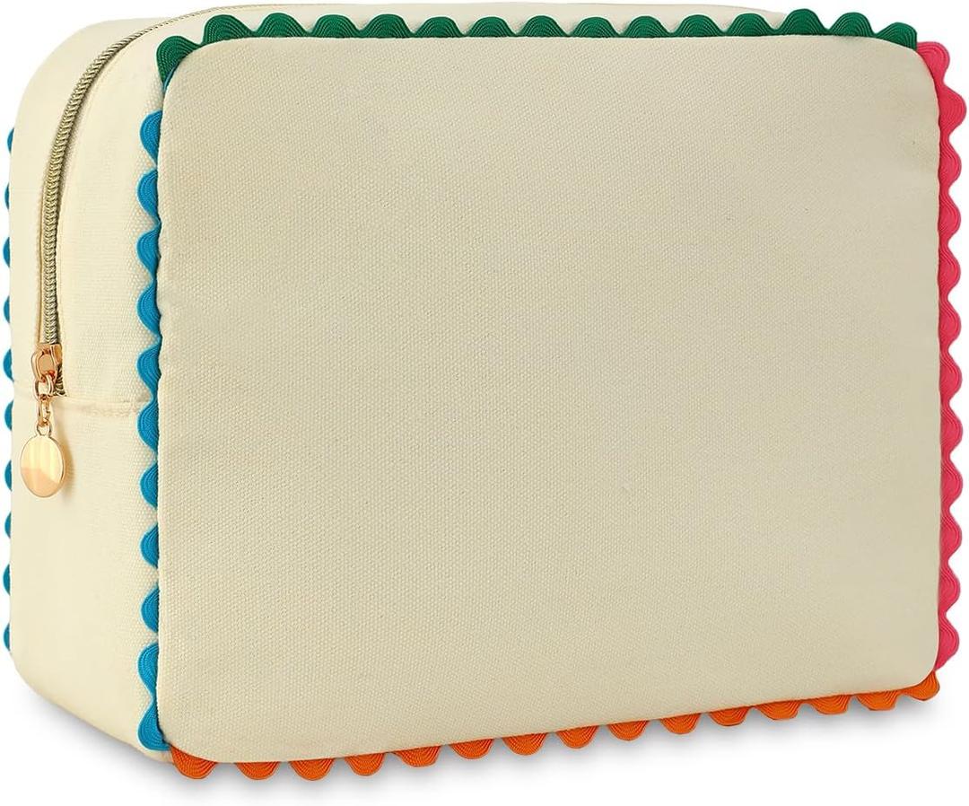 THOVSMOON Canvas Makeup Bag for Women, Rainbow Rick Rack Trim Cute Cosmetic Bag, Travel Toiletry Organizer, Everyday Use, Beach and Gift for Girlfriend