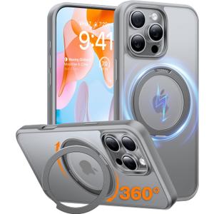 TORRAS 360Rotatable Magnetic for 16 Pro Case 6.3 inch, Compatible with MagSafe 16 Pro Phone Case, 16FT Military Grade Shockproof, Flush Stand Ring Holder, Translucent Slim Protective Ostand, Grey (Natural Titanium)
