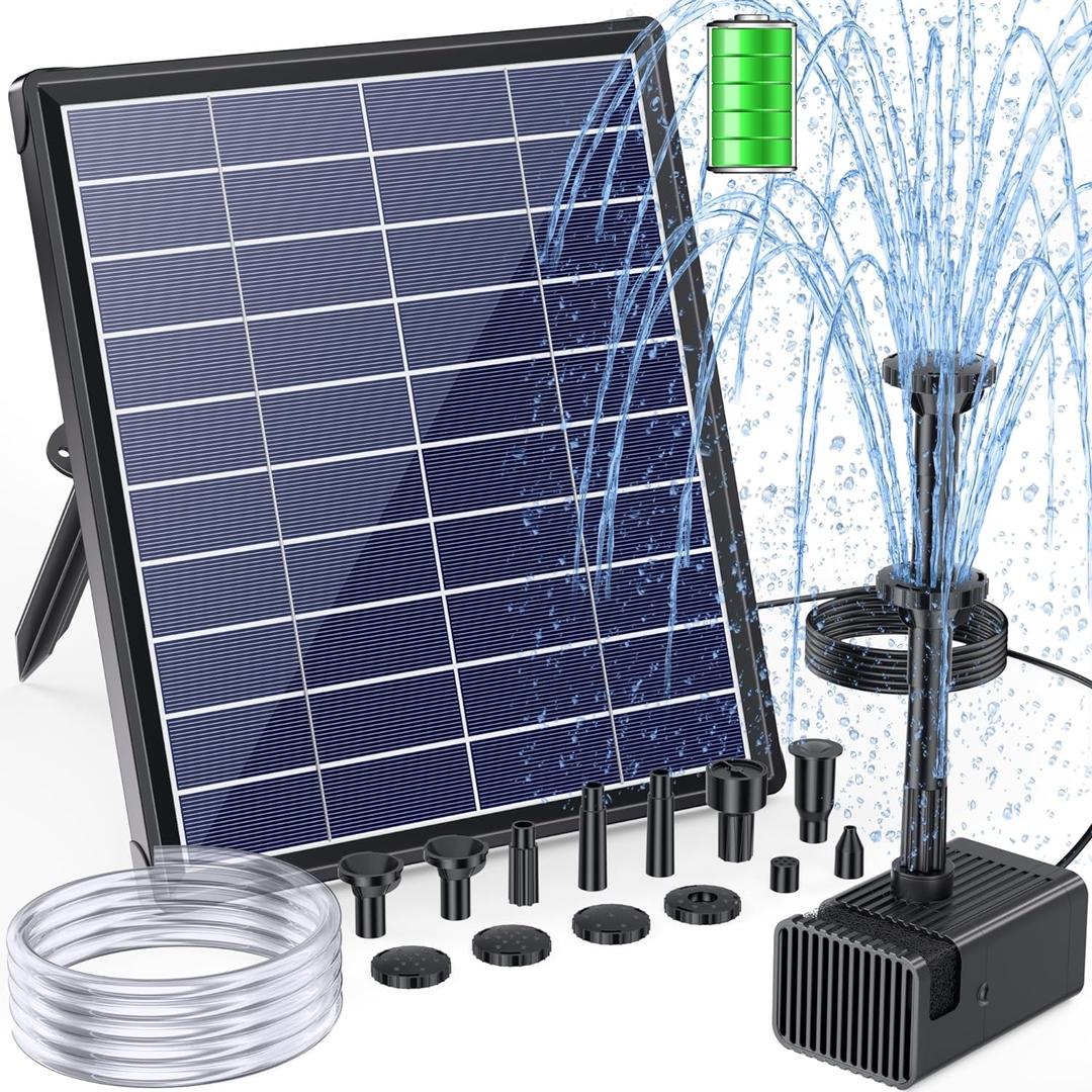 POPOSOAP 6.5W Solar Fountain Pump for Bird Bath Built-in 2400mAh Battery Backup, DIY Solar Water Fountain with Double-Layer Nozzles & Dry-Run Protection 5Ft Tubing for Ponds, Bird Bath, Water Features