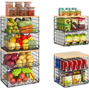 4 Pack Stackable Wire Baskets for Pantry Organizers and Storage, Pantry Baskets with Fixed Wooden Top, Fruit and Vegetable Storage Bins for Organizing Onion Potato Snack for Kitchen Cabinet/Countertop