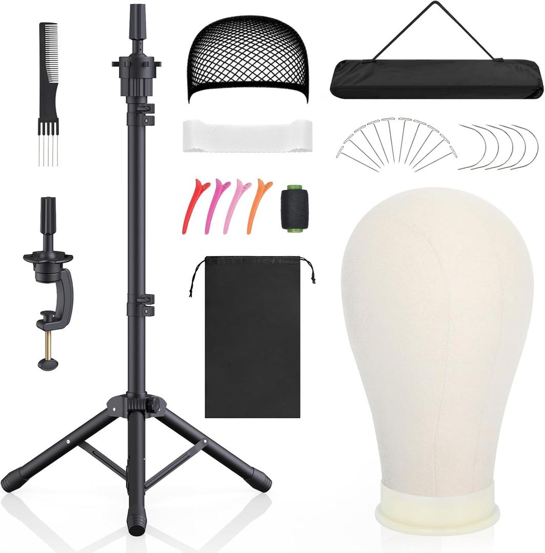 Hemndic Wig Stand with Head, Height Adjustable Wig Stand, Wig Head Stand with Mannequin Head with Extra Wig head Clamp Stand