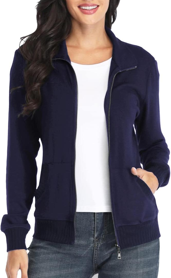Women's Zip up Sweatshirt Jacket Stand Collar Hoodless Running Sweatshirt with Pockets (Medium, Long Sleeves - Navy Blue)
