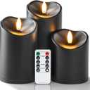 Homemory Black Flameless Candles, Halloween Candles Battery Operated with Remote and Timer, Flickering LED Pillar Candle for Theme Party, Holiday Decor, Set of 3