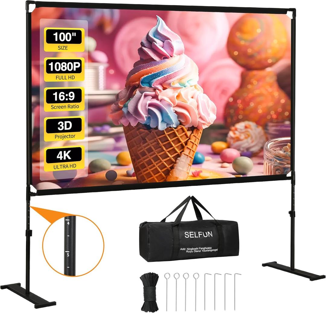 Projector Screen with Stand, 100 Inch Projection Screen, 16:9 HD 4K Outdoor Projector Screen for Outdoor Parties Movie Nights, Film Festivals, Business Presentations, Conferences, Family