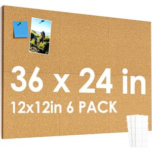MaxGear Large Cork Board for Wall 36" x 24", 6 Pack Cork Board Tiles with 20 Pushpins & Safe Removable Adhesive Tabs, 12" x 12" Corkboards for Office, School & Home