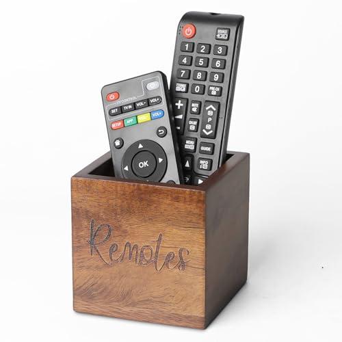 LBEMEY Acacia Wood TV Remote Holder, Caddy and Organizer for Table, Vintage Farmhouse Desk Caddy (Brown for 2 or 3 Remote Controls)