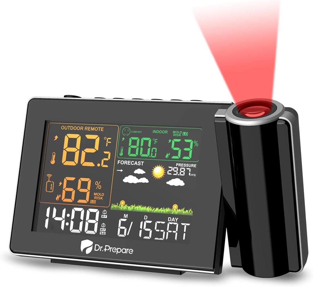 DR.PREPARE Projection Alarm Clock, Adjustable Projection Focus, Wireless Indoor Outdoor Temperature Humidity Monitor, 180 Projector, Snooze, Weather Forecast, Dual Alarms for Bedroom, Heavy Sleeper