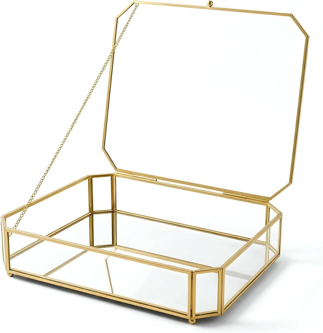 Large Glass Boxes for Display Handmade, Mirrored Bottom, Glass Jewelry Box with Lid, Trinket Box Book Photo Keepsake Organizer, Display Case for Vanity Decor Home Dresser, Octagon Shape, Gold