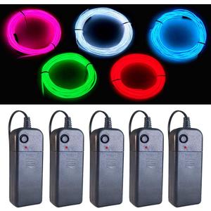 MaxLax EL Wire 5 Pack, 9ft Neon Light Wire Noise Reduction with Battery Pack(Green, Blue, Red, White, Pink) (9ft)