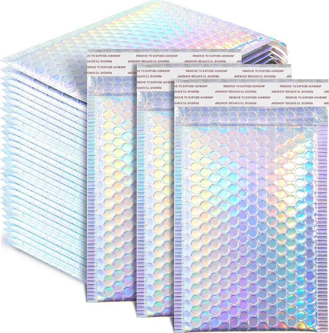 Henoyso 60 Pcs 6 x 9.5 Inch Holographic Bubble Mailers Metallic Bubble Envelopes Usable Size 5.12" x 7.87" Waterproof Self Seal Shipping Bags for Makeup Jewelry Small Business Packaging, Rainbow Color