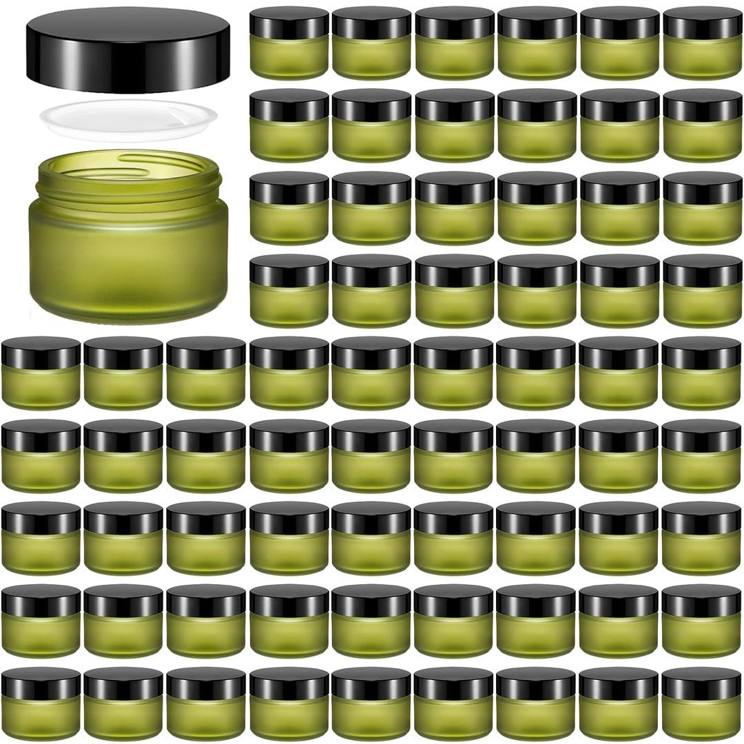 Domensi 60 Pcs 1oz Glass Jars with Lids Bulk Salve Tins Winter Cream Container Small Glass Candle Cosmetic Jars for Travel Lip Balm with Inner Liners for Lotion Sample Cream(Green, Black Lid)