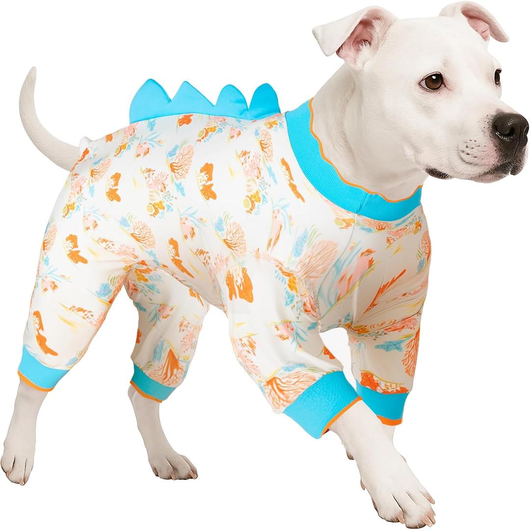 LovinPet Big Dog Jammies, Large Dog Pajamas, Anti Licking Shirt Lightweight Coral Peach Print, UV Protection Shirt, Easy to Wear Adorable Dog Onesie, Blue, 3XL