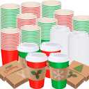 Jingmore 50 Pack 16 oz Christmas Disposable Coffee Cups with Lids and Sleeves Merry Christmas Paper Coffee Cups Red and Green Drinking Cup for Beverage Cold Hot Drinks Holiday