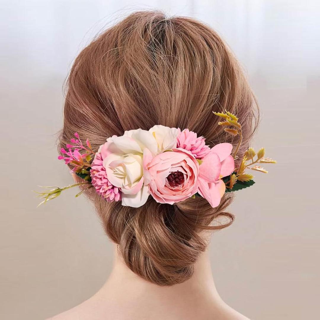 Flower Hair Clip for Women - Elegant Hair Accessory for Wedding, Party & Daily Wear (Pink 1)