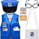 Honic Mailman Costume Set Including Blue Vest Canvas Bag Envelopes Carrier Hat Glasses for Halloween Postman Cosplay Supplies