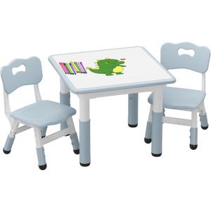 GAOMON Kids Table and 2 Chairs Set with Graffiti Desktop, Height Adjustable Toddler Table and Chairs Set for Reading, Drawing, Playing, Eating (Grey-blue)