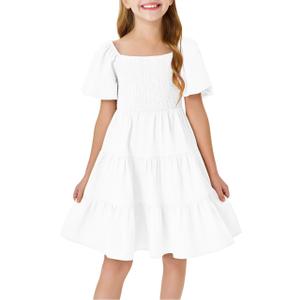 Batermoon Girls Boho Square Neck Puff Sleeve Off Shoulder Smocked Tiered Casual A Line Short Mini Dress, 13-14 Years