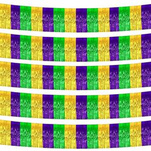 2 x 5 Pack 10 Feet Mardi Gras Foil Fringe Garland Mardi Gras Parade Float Fringe Metallic Streamers Tinsel Fringe Banner for Birthday Party Decor St Patrick Halloween Christmas Decoration